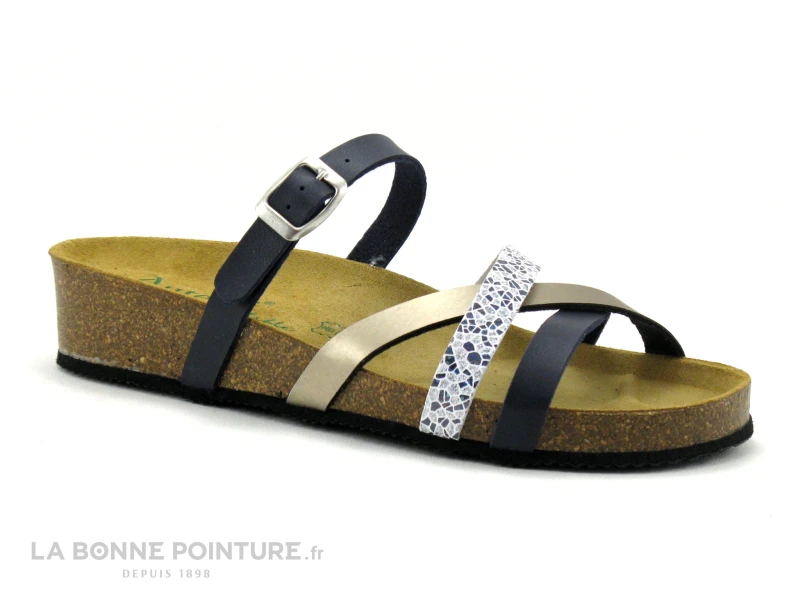 Autenti 689658 - Bleu Marine - Blanc - Beige Metal - Mule Compensee 1 Autenti 689658 - Bleu Marine - Blanc - Beige Metal - Mule Compensee