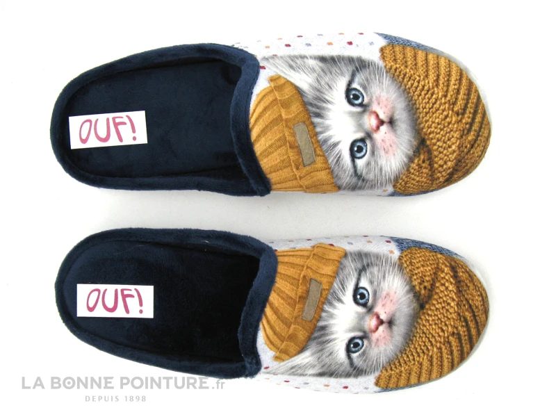 Ouf TINKA Marine - Jaune Ocre - Chat Gris - Pantoufle Mule Femme 2 Ouf TINKA Marine - Jaune Ocre - Chat Gris - Pantoufle Mule Femme – Image 2