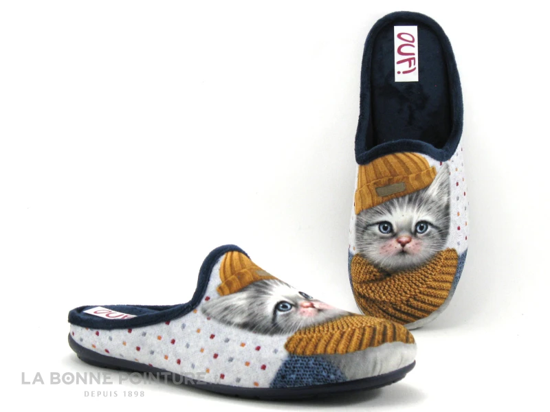 Ouf TINKA Marine - Jaune Ocre - Chat Gris - Pantoufle Mule Femme 1 Ouf TINKA Marine - Jaune Ocre - Chat Gris - Pantoufle Mule Femme