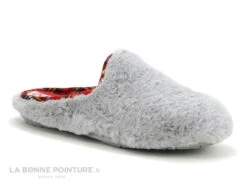 Ouf TALIFE Gris - Pantoufle Mule Femme En Peluche - Lisere Ecossais