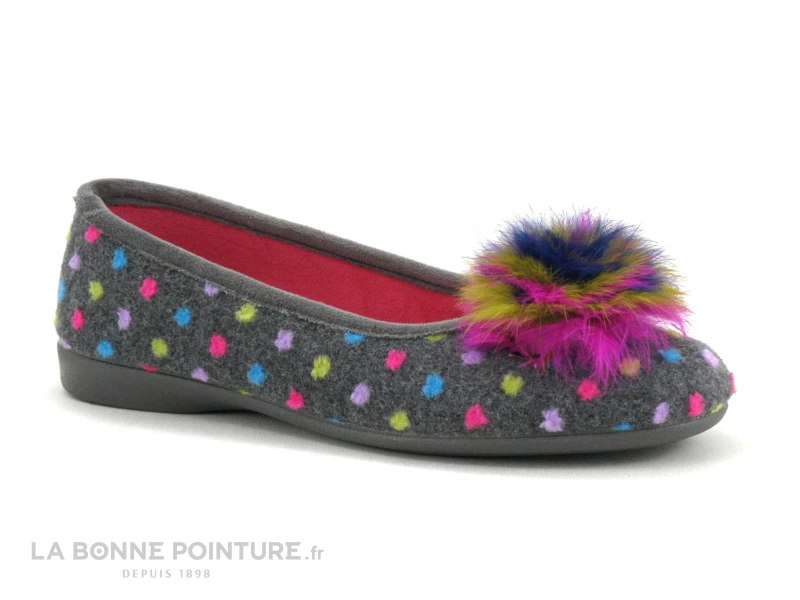 Zels 2378 Gris - Pois Et Pompon Multicolores - Pantoufle Ballerine 5 Zels 2378 Gris - Pois Et Pompon Multicolores - Pantoufle Ballerine – Image 5