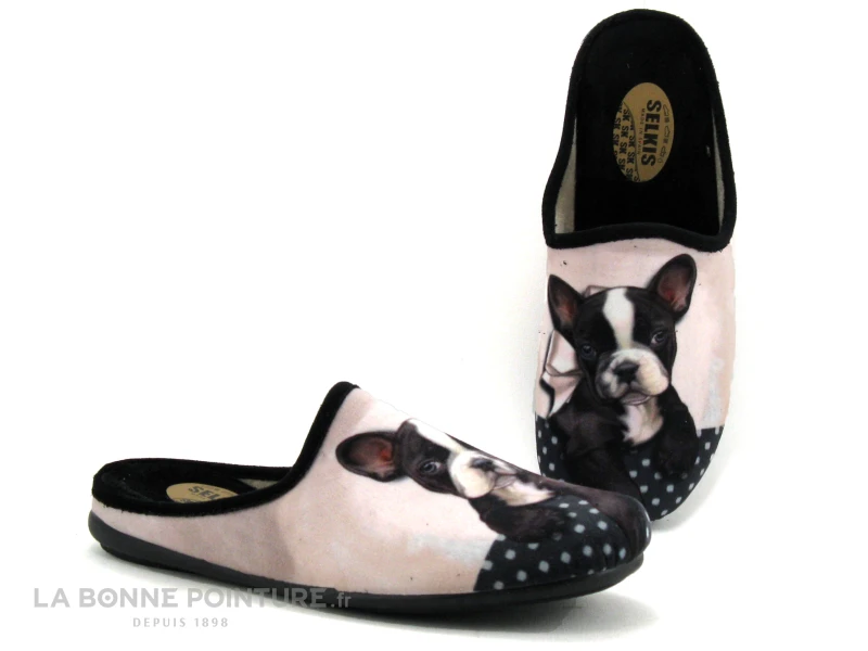 Selkis 22314 Noir Rose - Bouledogue - Pantoufle Femme Avec Chien 1 Selkis 22314 Noir Rose - Bouledogue - Pantoufle Femme Avec Chien