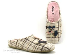 Zels 41162 Beige Carreaux - Chiens - Pantoufle Mule Femme