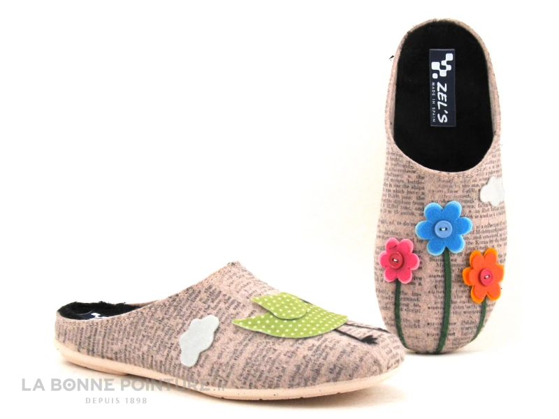 Zels 4413 Rose Nude - Oiseau - Fleurs - Pantoufle Mule Femme 1 Zels 4413 Rose Nude - Oiseau - Fleurs - Pantoufle Mule Femme