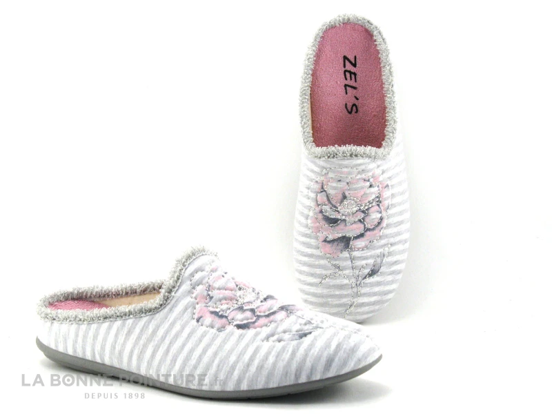 Zels 4594 Gris - Rayures Et Fleur Brodee - Pantoufle Mule Femme 1 Zels 4594 Gris - Rayures Et Fleur Brodee - Pantoufle Mule Femme